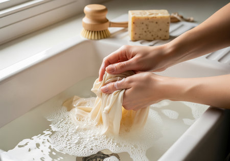 Hands gently washing delicate beige fabric in a white kitchen sink filled with soapy water and suds. natural bar soap and a wooden cleaning brush are visible nearby, emphasizing sustainable and eco friendly laundry practices.の素材