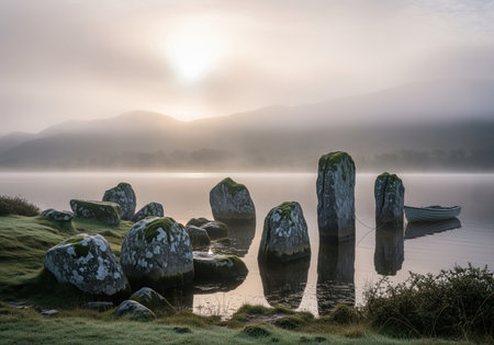 Ancient, moss covered standing stones partially submerged in the still water of a loch during a misty sunrise. a small rowboat is moored to one of the weathered stones, reflecting the tranquil, foggy atmosphere of the scottish highlands.の素材