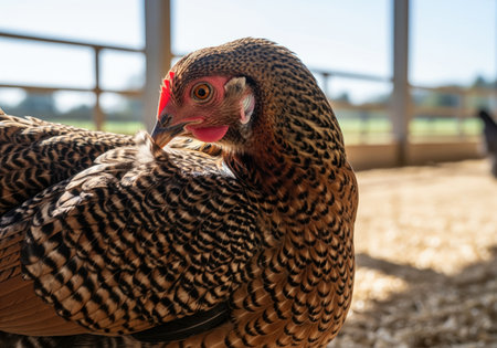 Speckled hen grooming its detailed barred feathers in a sunny farm coop. close up shot emphasizing poultry farming, animal husbandry, and natural behavior.の素材