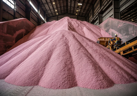 Massive stockpile of pink granular fertilizer or potash filling a large industrial warehouse. a worker operates a conveyor system for bulk material handling and storage.の素材