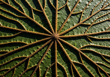 Underside of a giant victoria water lily leaf showing the complex, spiky, radial vein structure and textured green surface with water droplets. natural pattern and botany concept.の素材