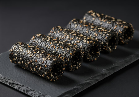 Five dark, rolled black sesame coconut snacks heavily coated with white sesame seeds, presented on a textured black slate board. asian dessert food concept.の素材
