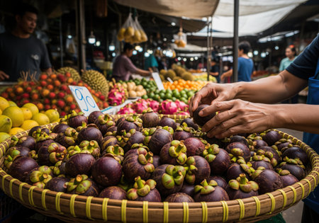 Hands selecting fresh, ripe purple mangosteen fruit displayed in a large woven basket at a bustling outdoor market stall in southeast asia, surrounded by other tropical produce.の素材