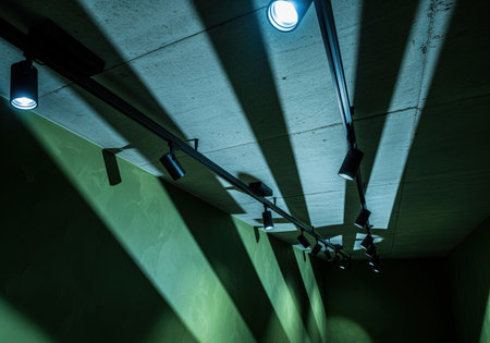 Modern black track lighting system mounted on a concrete ceiling, casting long, sharp, diagonal shadows down the dark green wall, creating a dramatic and abstract architectural interior view.の素材