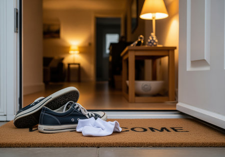 Dark canvas sneakers and white socks resting on a welcome mat at the threshold of an open door. the warm light from the hallway creates a cozy, domestic atmosphere, symbolizing arrival and comfort.の素材