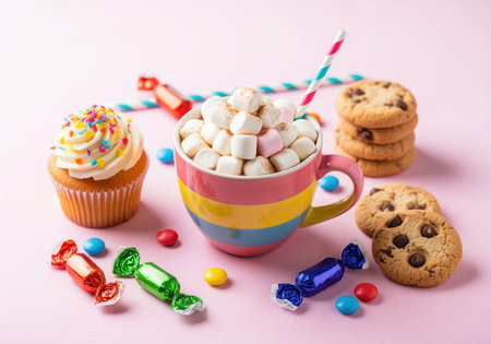 Hot cocoa in a rainbow mug topped with fluffy marshmallows, surrounded by a vanilla cupcake with sprinkles, chocolate chip cookies, and colorful wrapped candies on a pink surface. perfect for celebration and sugar concepts.の素材