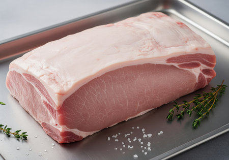 Whole raw pork loin roast with a thick layer of fat cap, professionally trimmed and resting on a stainless steel metal tray. garnished with fresh thyme sprigs and coarse sea salt, ready for preparation or cooking.の素材