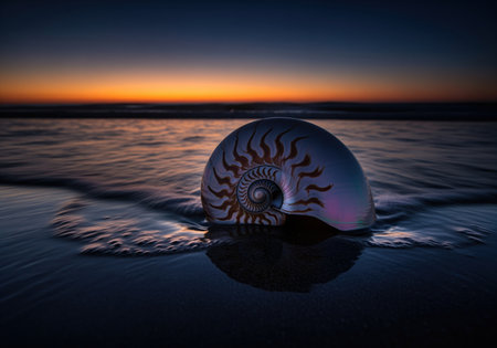 Pearlescent spiral nautilus shell resting half submerged on dark, wet beach sand, gently washed by the ocean tide during a dramatic, colorful sunset. the scene evokes tranquility and natural geometry.の素材