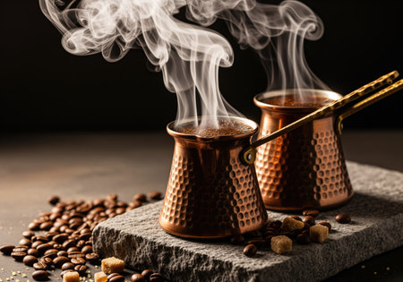 Steaming hot turkish coffee served in two traditional hammered copper cezve pots, resting on a rustic stone slab surrounded by scattered coffee beans and brown sugar cubes.の素材