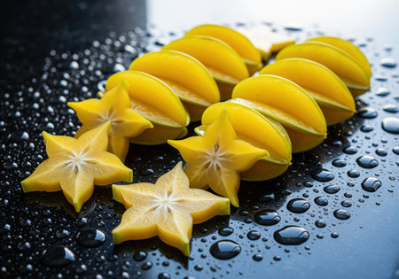 Fresh, vibrant yellow starfruit carambola slices cut into star shapes, displayed alongside whole fruits on a glossy black surface covered in water droplets. exotic tropical fruit concept.の素材