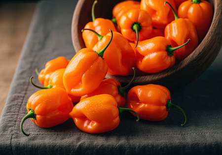 Fresh, vibrant orange habanero peppers piled high, spilling out of a dark wooden bowl onto a textured gray fabric surface. symbolizes intense heat, spice, and flavor in cooking.の素材
