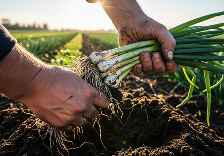 Dirty farmer hands pulling a large bunch of fresh green onions scallions from the rich soil of an agricultural field at sunset. focus on organic farming, harvest, and fresh produce.の素材