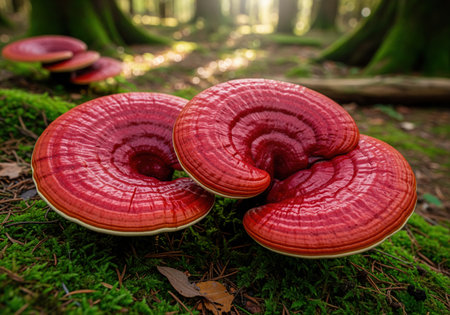 Glossy red reishi mushrooms, also known as lingzhi, growing naturally on a moss covered forest floor bathed in sunlight. symbolizes nature, wellness, and herbal medicine.の素材