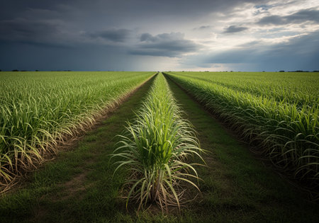 Vast green sugarcane field stretching to the horizon, divided by long rows, under a dramatic sky featuring dark storm clouds and bright sunlight.の素材