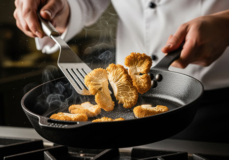 Professional chef searing fresh, golden lion mane mushrooms in a hot black skillet over a stove, with steam rising. gourmet cooking and healthy vegetarian food preparation in a restaurant kitchen.の素材