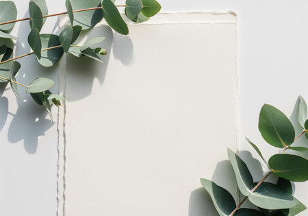 Blank deckled edge paper mockup surrounded by fresh eucalyptus leaves, creating a natural and elegant flat lay composition on a bright white surface. ideal for invitations or branding.の素材