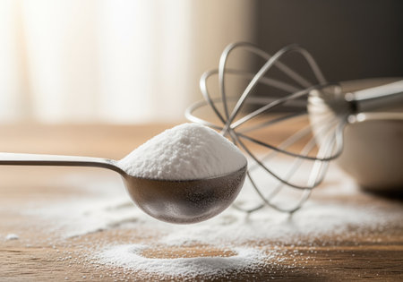 Metal measuring spoon heaped high with white powder, likely flour, sugar, or baking soda, resting on a wooden surface. kitchen whisk visible in the blurred background, emphasizing baking and cooking preparation.の素材