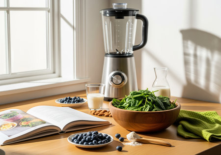 Fresh spinach, blueberries, milk, almonds, and protein powder arranged next to a modern blender and an open cookbook on a sunlit kitchen counter. setup for making a healthy green smoothie or shake. focus on nutrition and wellness.の素材