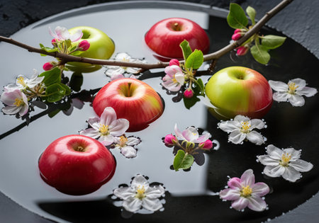 Fresh red and green apples floating in a shallow basin of dark, still water, surrounded by delicate white and pink apple blossoms and a small branch. symbolic of spring, harvest, and purity.の素材
