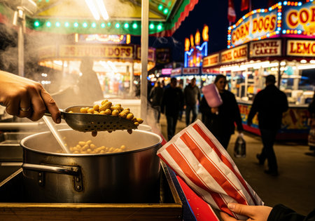 Vendor hand uses a slotted spoon to scoop steaming hot boiled peanuts from a large metal pot, preparing to serve a customer holding a striped paper bag at a vibrant night carnival or fair. the background features bright neon food stalls and blurred silhouettes of people walking.の素材