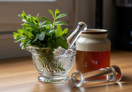 Fresh green mint sprigs placed inside a decorative vintage clear glass mortar, with the glass pestle resting nearby on a wooden kitchen counter. a ceramic jar is visible in the background.の素材