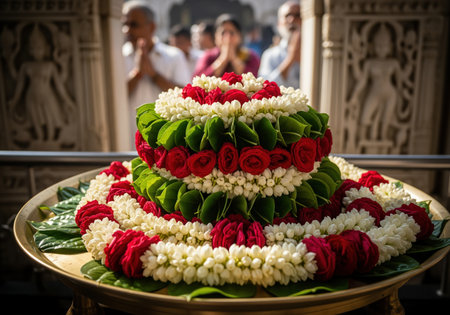 Tiered floral offering of white jasmine and red roses on a brass plate, used for worship and decoration in a traditional indian temple setting.の素材