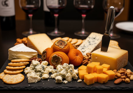 Gourmet cheese board featuring various artisanal cheeses brie, blue cheese, cheddar, crackers, nuts, and fresh persimmon fruit, paired with red wine in a dark, elegant setting.の素材