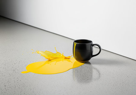 Black ceramic mug lying on a speckled gray floor with bright yellow liquid spilling and splashing dynamically. studio shot emphasizing contrast, mess, and accident.の素材