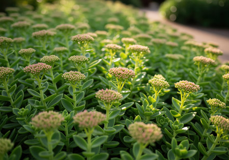 Lush green sedum plants stonecrop forming dense groundcover, featuring clusters of delicate pink flower buds under warm, late afternoon sunlight. botany, texture, and natural beauty.の素材