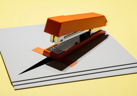 Bright orange office stapler resting on three sheets of gray paper, creating a sharp shadow on a yellow surface. represents organization, work, and stationery.の素材