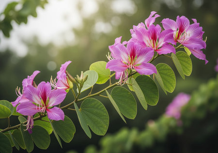 Vibrant pink bauhinia flowers, also known as the orchid tree, blooming on a branch with lush green leaves against a soft bokeh background. tropical flora and natural beauty.の素材