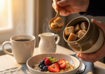 Hand adding brown sugar cubes and granules from a jar onto a healthy bowl of oatmeal topped with fresh strawberries, blueberries, and raspberries. steaming coffee mug nearby. cozy morning light.の素材