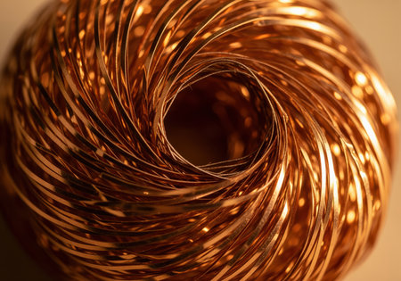 Tightly coiled, thin strips of shiny copper metal captured in a detailed macro photograph, creating an intricate, abstract spiral pattern and metallic texture.の素材