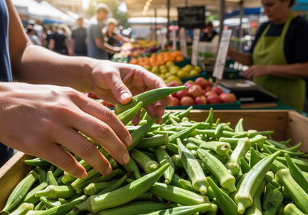 Customer hands carefully selecting fresh green okra pods from a wooden crate display at a busy outdoor farmer market. focus on healthy eating and local produce shopping.の素材