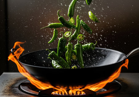 Fresh green chili peppers, whole and sliced, tossed dynamically in a hot black wok over an intense gas flame, capturing water splashes and cooking action.の素材