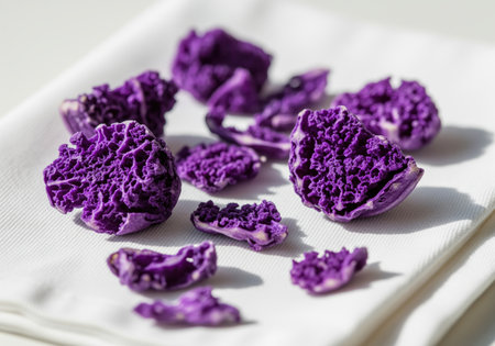Vibrant purple freeze dried cabbage pieces scattered on a white napkin, showcasing the intricate, porous texture created by the dehydration process. healthy food ingredient.の素材