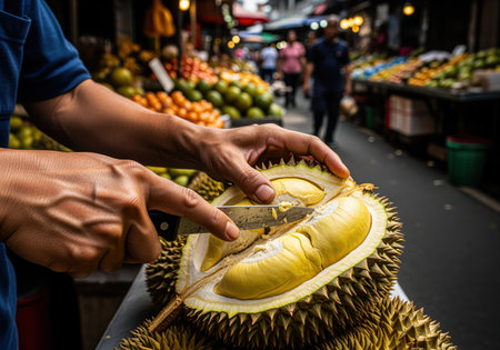 Vendor hands skillfully cutting open a large, spiky durian fruit with a knife, revealing the creamy yellow flesh inside. scene set in a vibrant, bustling asian street market with blurred people and fruit stalls in the background.の素材