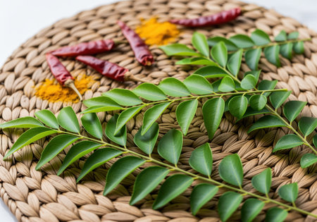 Fresh green curry leaves arranged on a rustic woven placemat, accompanied by dried red chili peppers and a pile of yellow turmeric powder.の素材