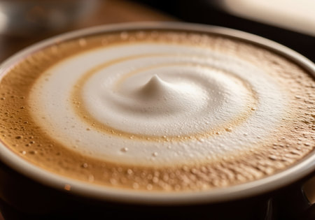 Creamy foam and pale beige crema forming a distinct spiral pattern on the surface of hot espresso coffee served in a dark ceramic cup. focus on texture and warmth.の素材