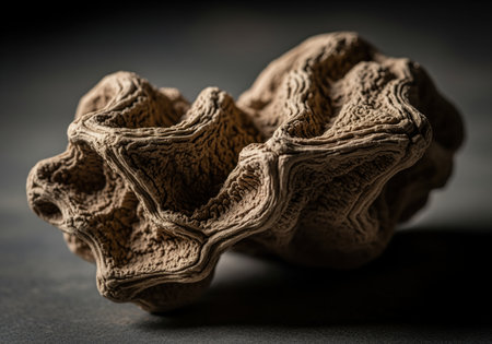 Complex, gnarled desert plant structure captured in a detailed macro studio shot. the dry, layered texture is highlighted by dramatic lighting against a moody, dark gray background, emphasizing abstract natural patterns.の素材