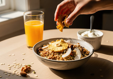 Homemade granola bowl filled with oats, nuts, seeds, and coconut flakes, being topped with a dried pineapple slice by a woman hand. served with fresh orange juice and yogurt on a wooden table in natural light. focus on nutrition and healthy lifestyle.の素材