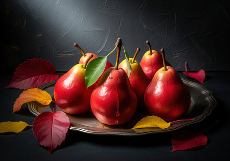 Group of vibrant red pears arranged on an antique silver platter, complemented by scattered crimson and yellow autumn leaves against a dark, textured background. still life composition.の素材