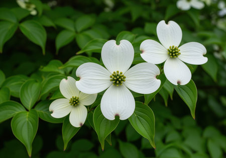 Pristine white dogwood flowers with four notched bracts and a central cluster of tiny green flowers, set against a backdrop of deep green leaves, symbolizing spring and renewal.の素材
