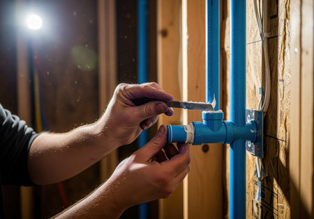 Construction worker hands applying sealant to connect blue plastic plumbing pipes within the exposed wooden framing of a new residential wall.の素材