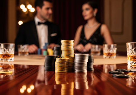Stacks of gold, silver, and black casino chips prominently displayed on a glossy wooden table, reflecting the warm light. a formally dressed man and woman are blurred in the background, engaged in a high stakes game.の素材