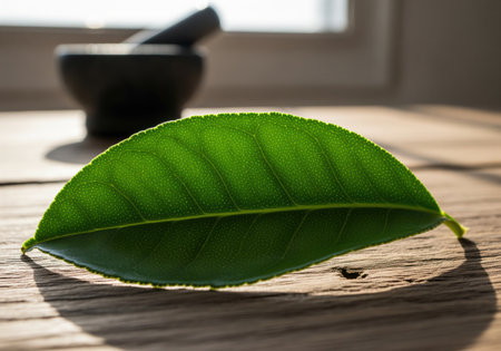 Vibrant green leaf in extreme close up, resting on a rustic wooden table. backlit by sunlight, highlighting texture and veins. concepts of natural medicine and herbalism.の素材