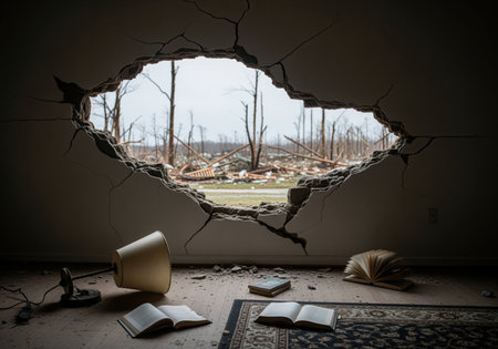 Cracked interior wall with a large hole revealing widespread devastation outside after a natural disaster. debris, fallen trees, and ruined structures are visible beyond the damaged room with scattered books.の素材
