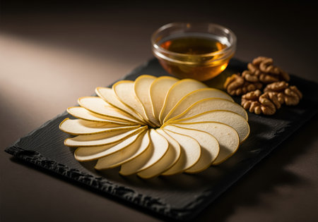 Thinly sliced dried pear chips arranged in an elegant spiral pattern on a black slate serving board, accompanied by a small bowl of golden honey and whole walnut halves.の素材