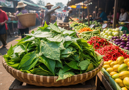 Fresh betel leaves piled high in a traditional woven basket displayed among colorful vegetables and fruits like chilies and eggplant at a busy outdoor market in southeast asia.の素材