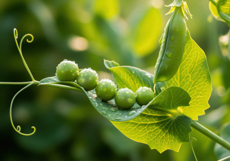 Glistening fresh green peas and a pea pod covered in dew drops resting on a vibrant green leaf of a pea plant vine, illuminated by natural sunlight. focus on organic growth, freshness, and healthy eating.の素材